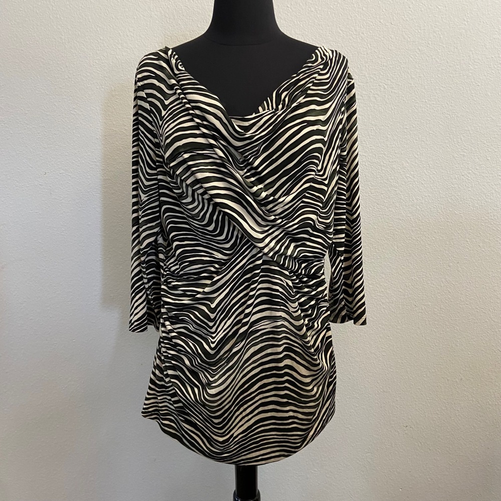 Chaus Blouse Top Cowl Neck 3/4‎ Sleeve Ruched Abstract Print XL Women's Casual